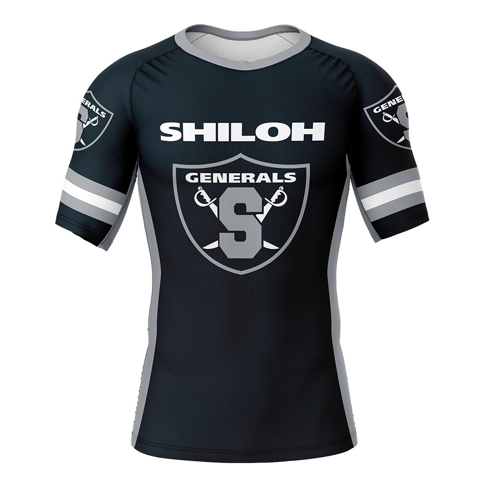 Black sports jersey with 'Shiloh Generals' logo on a white background