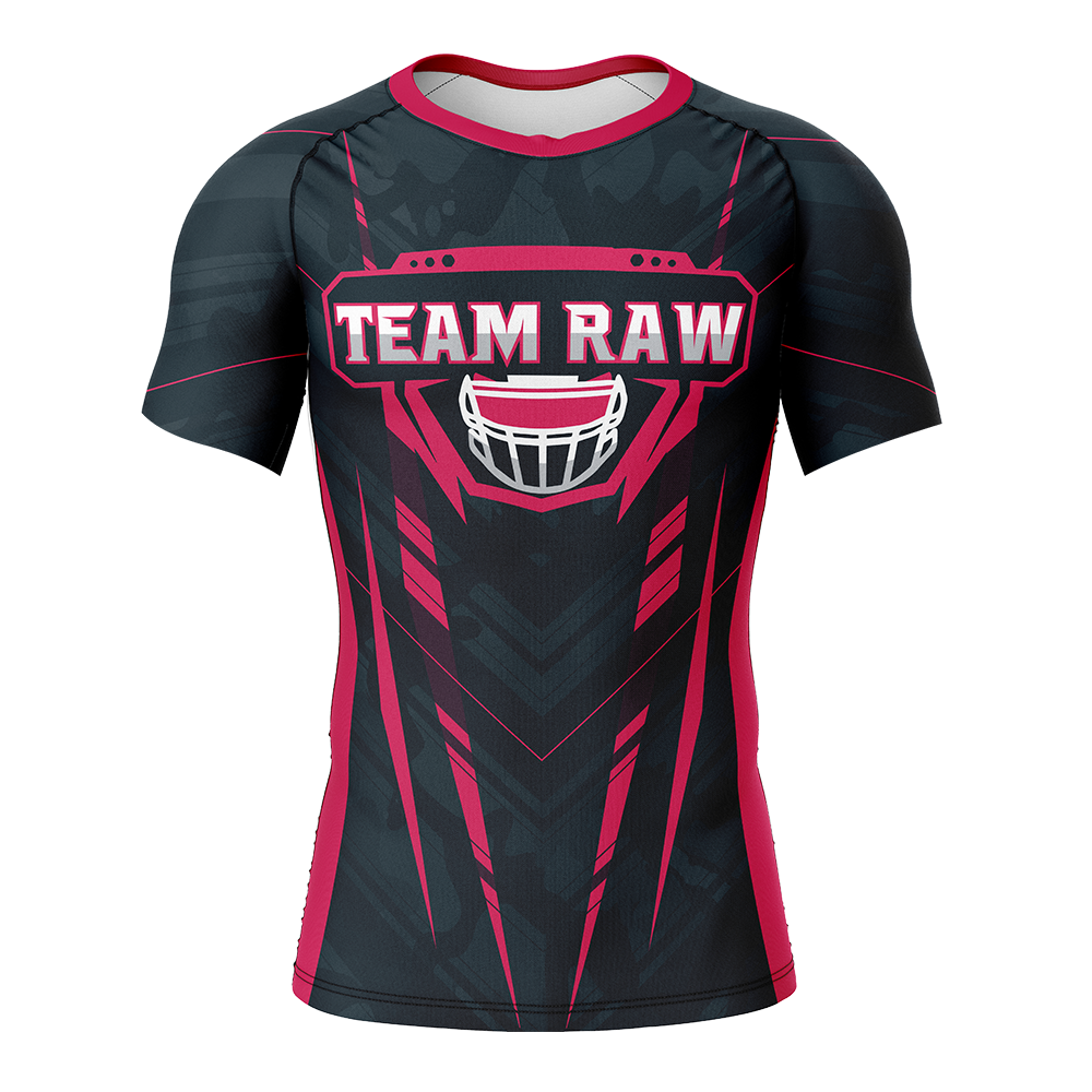 Black and red compression top with 'Team Raw' logo on a white background