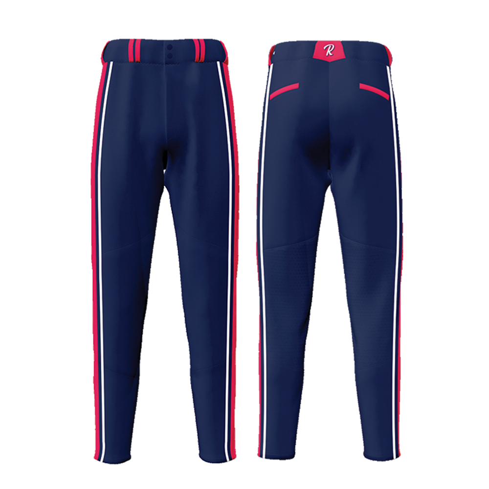 Navy blue athletic pants with red and white stripes on a white background