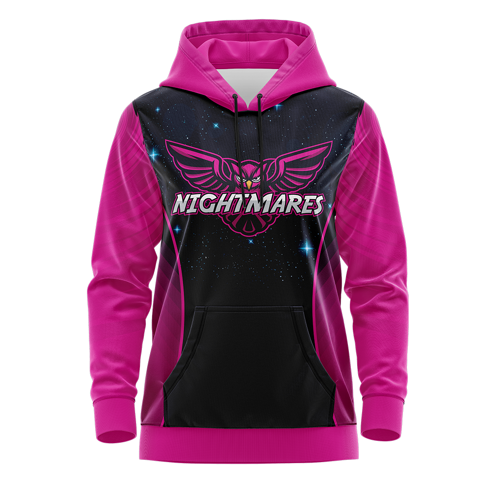 Pink and black hoodie with 'Nightmares' logo on a white background