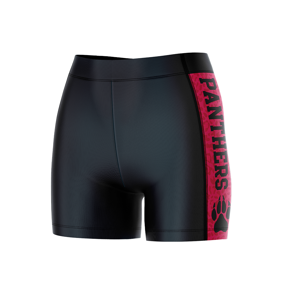 Black athletic shorts with red and black 'Panthers' design on a white background