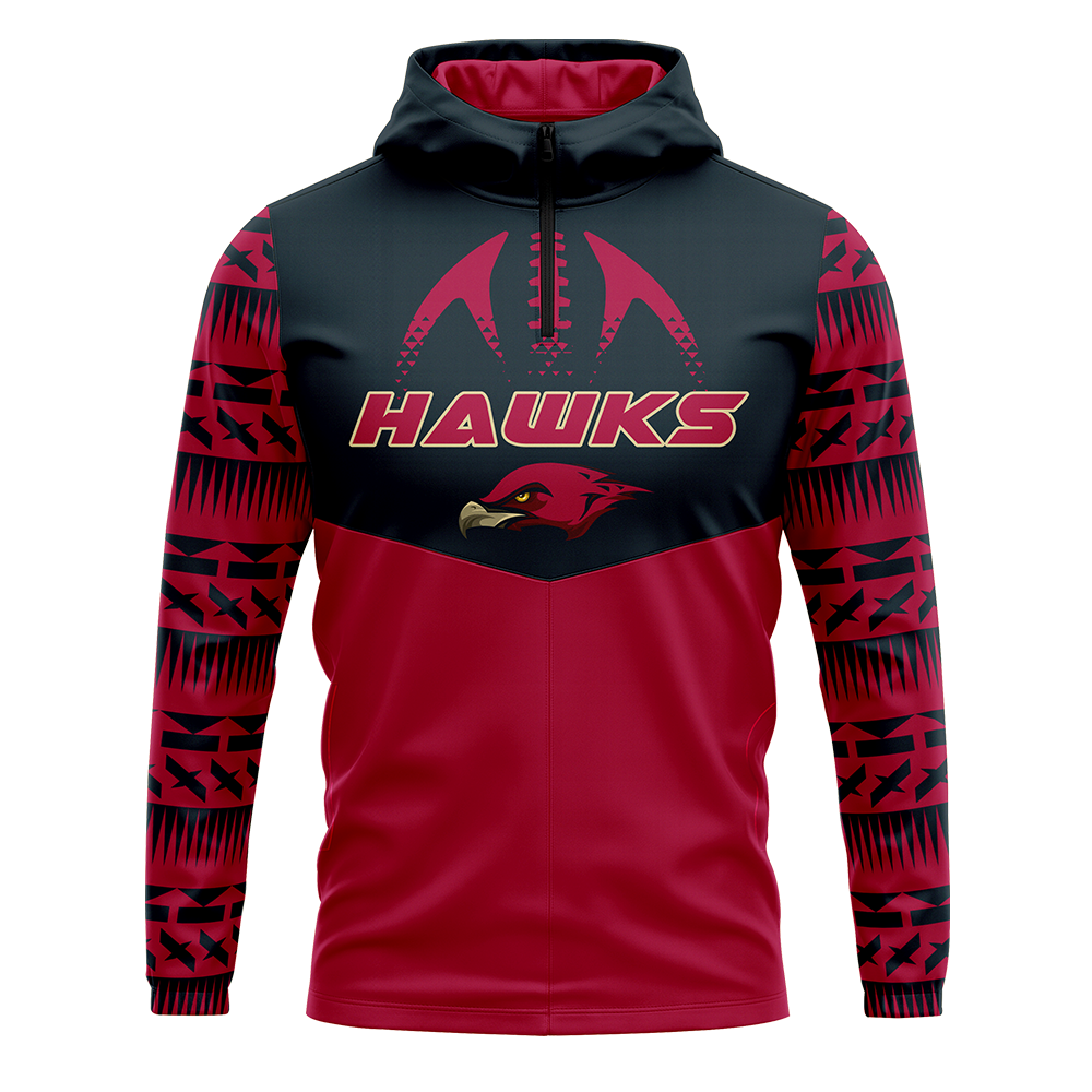 Hoodie with red and black design featuring the word 'Hawks' on a white background