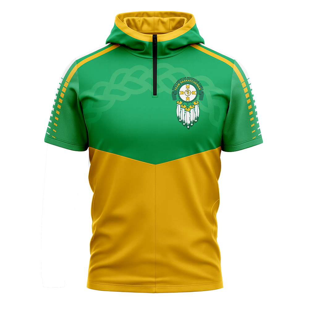 Green and yellow short-sleeve hoodie with a logo on a white background