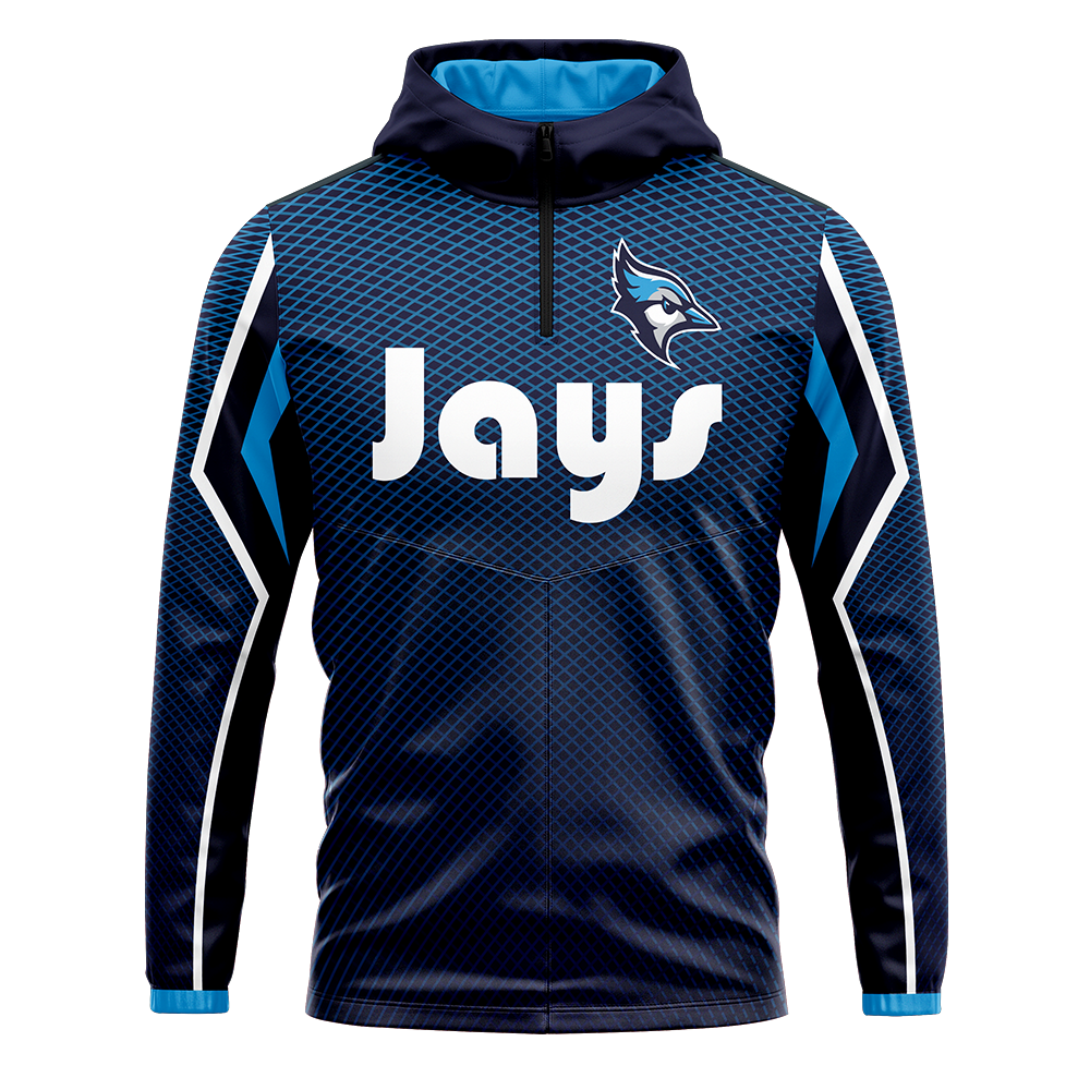 Navy blue hoodie with 'Jays' text and logo on a white background