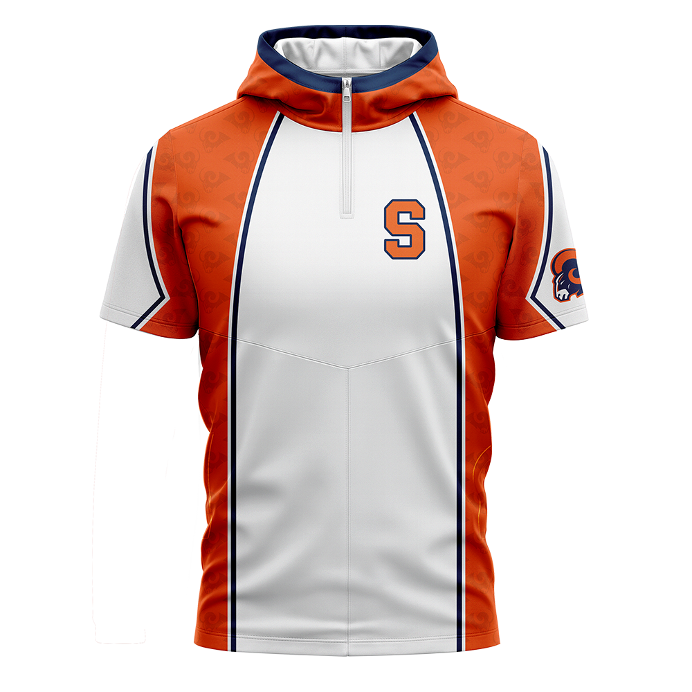 Orange and white athletic hoodie with a logo on a white background