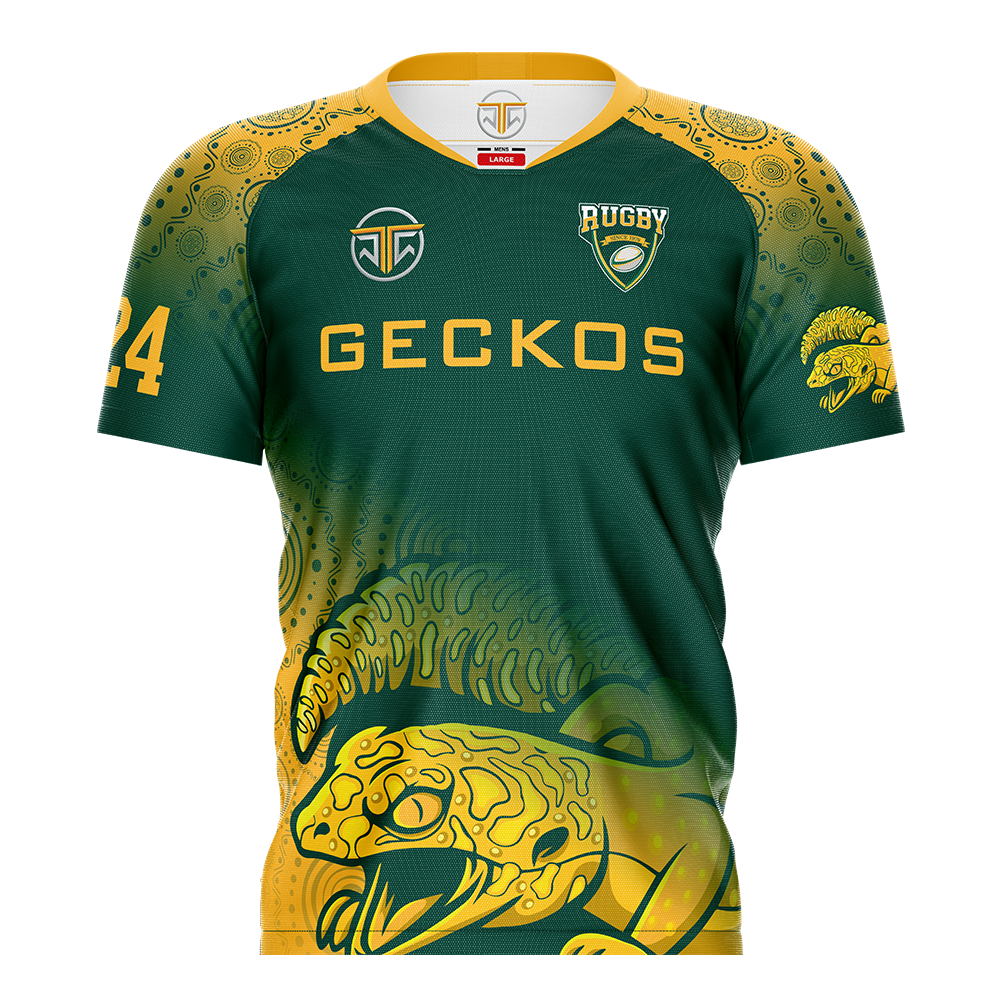 Green and yellow rugby jersey with 'Geckos' branding on a white background