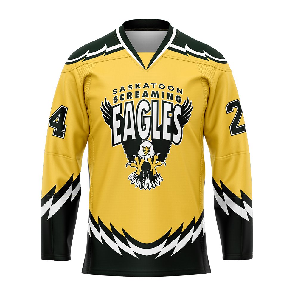 Yellow hockey jersey with feather design and 'Saskatoon Screaming Eagles' logo
