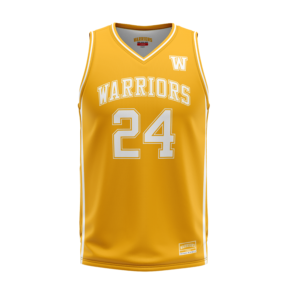 Yellow basketball jersey with 'Warriors' and number '24' on a white background