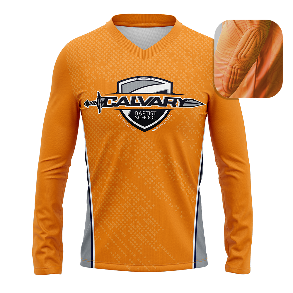 Orange long-sleeve shirt with 'Calvary Baptist School' logo on a white background