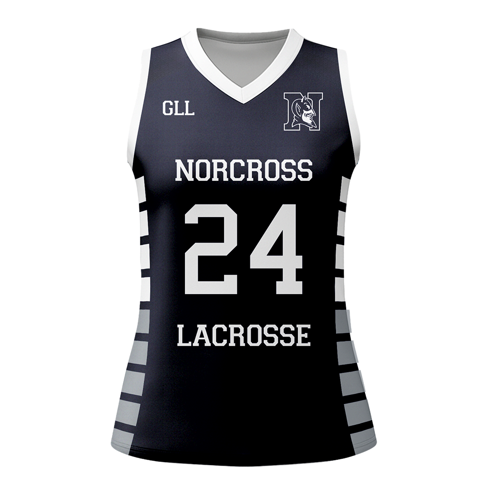 Black lacrosse jersey with white text and numbering on a white background