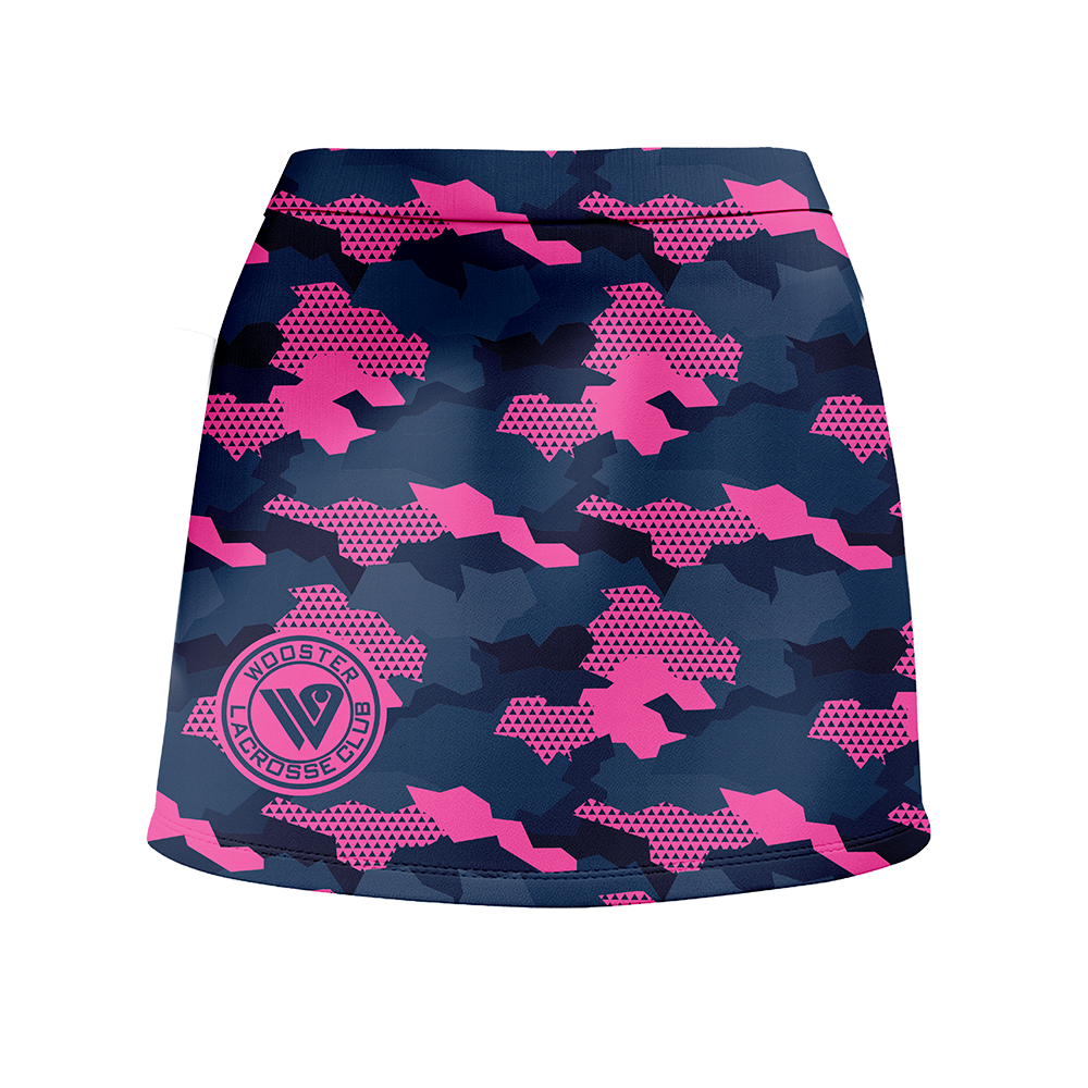 Navy blue and pink patterned skirt with a logo on a white background