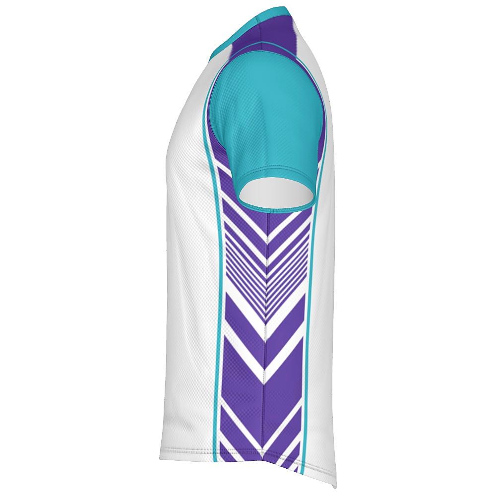 White shirt with teal and purple accents on a white background