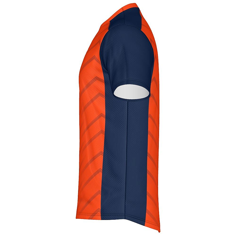 Orange shirt with navy accents and chevron design on a white background
