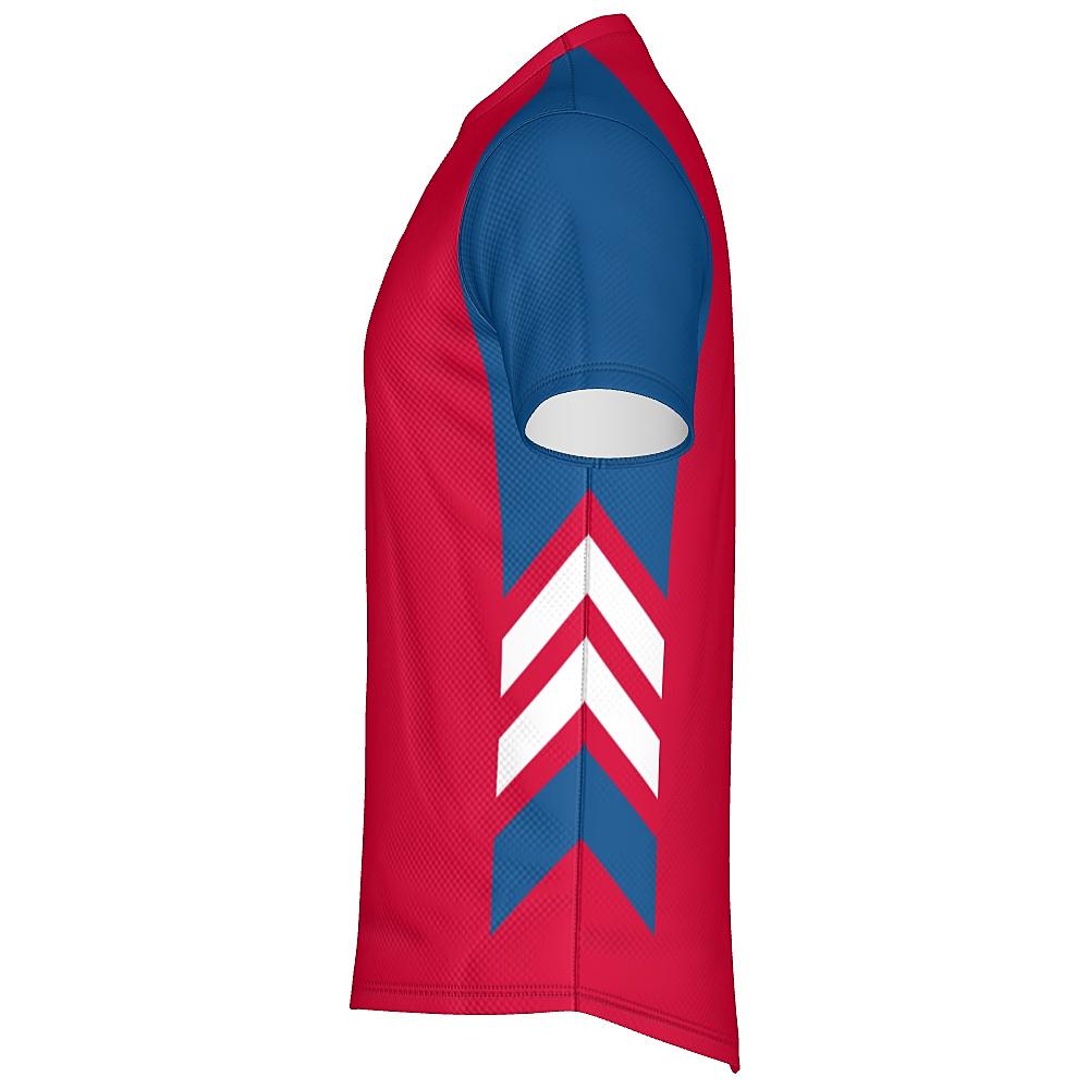 Red shirt with blue and white accents on a white background