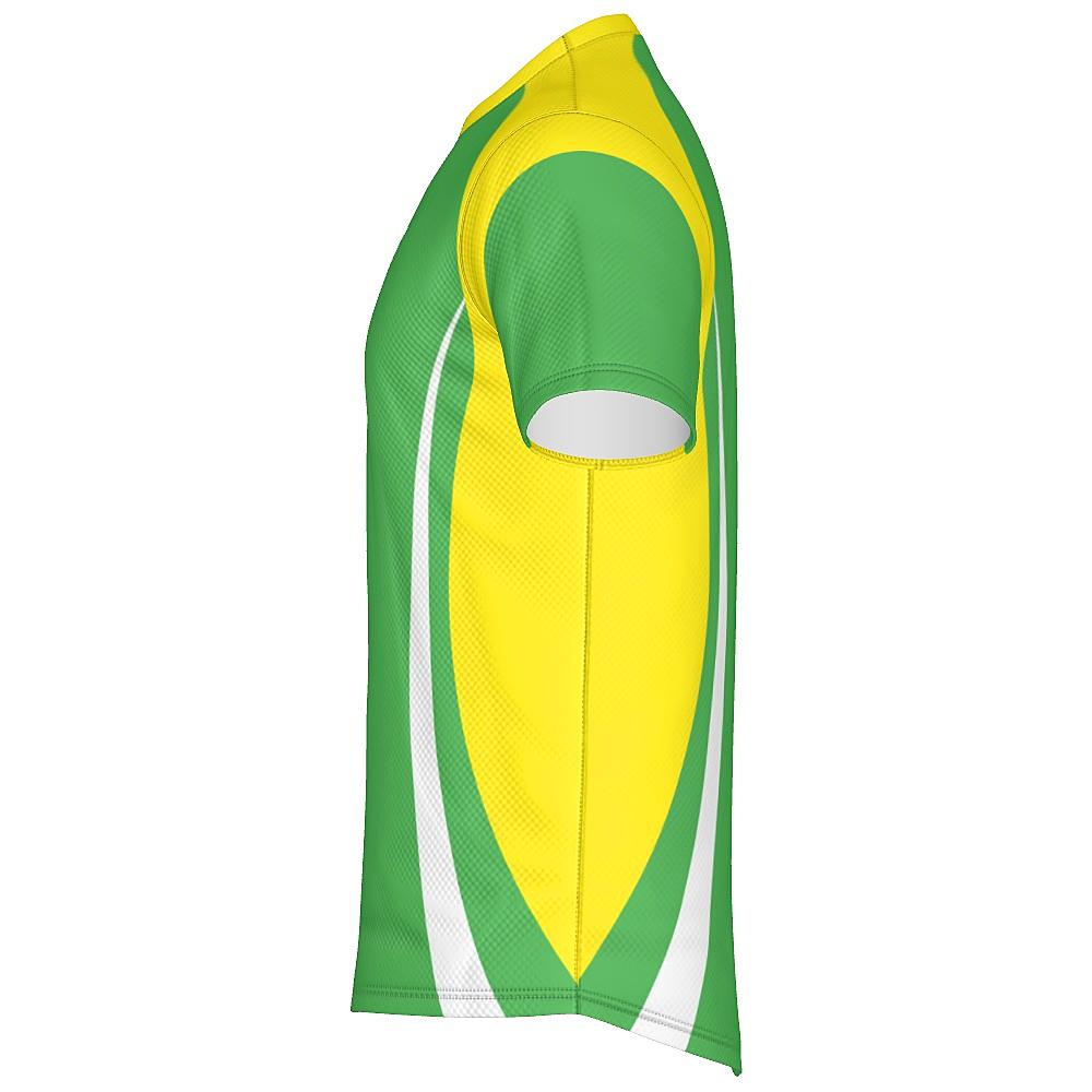 Green shirt with yellow and white accents on a white background