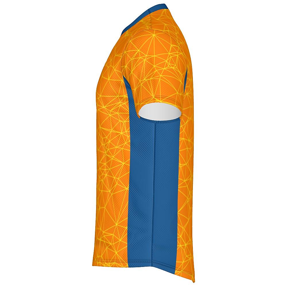 Orange shirt with yellow geometric design and blue accents on a white background