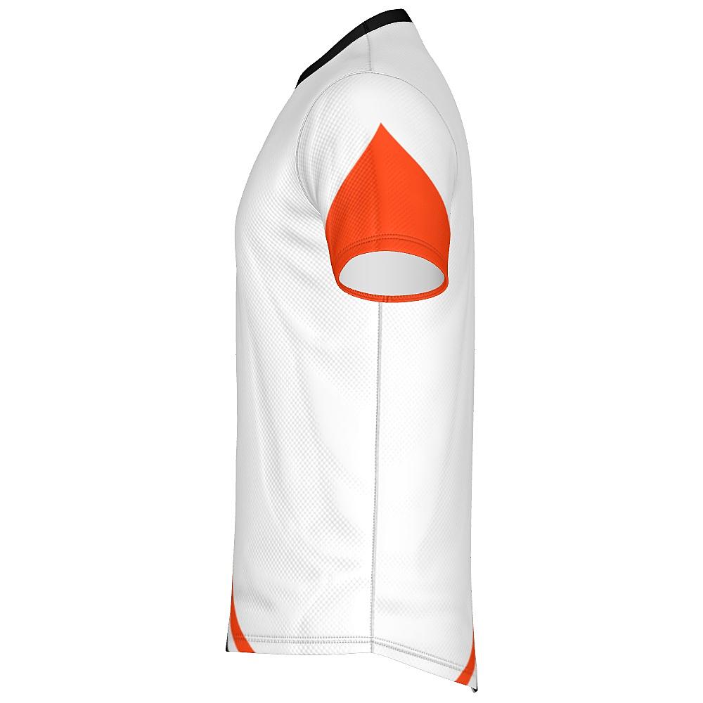 White shirt with black and orange curved stripes on a white background