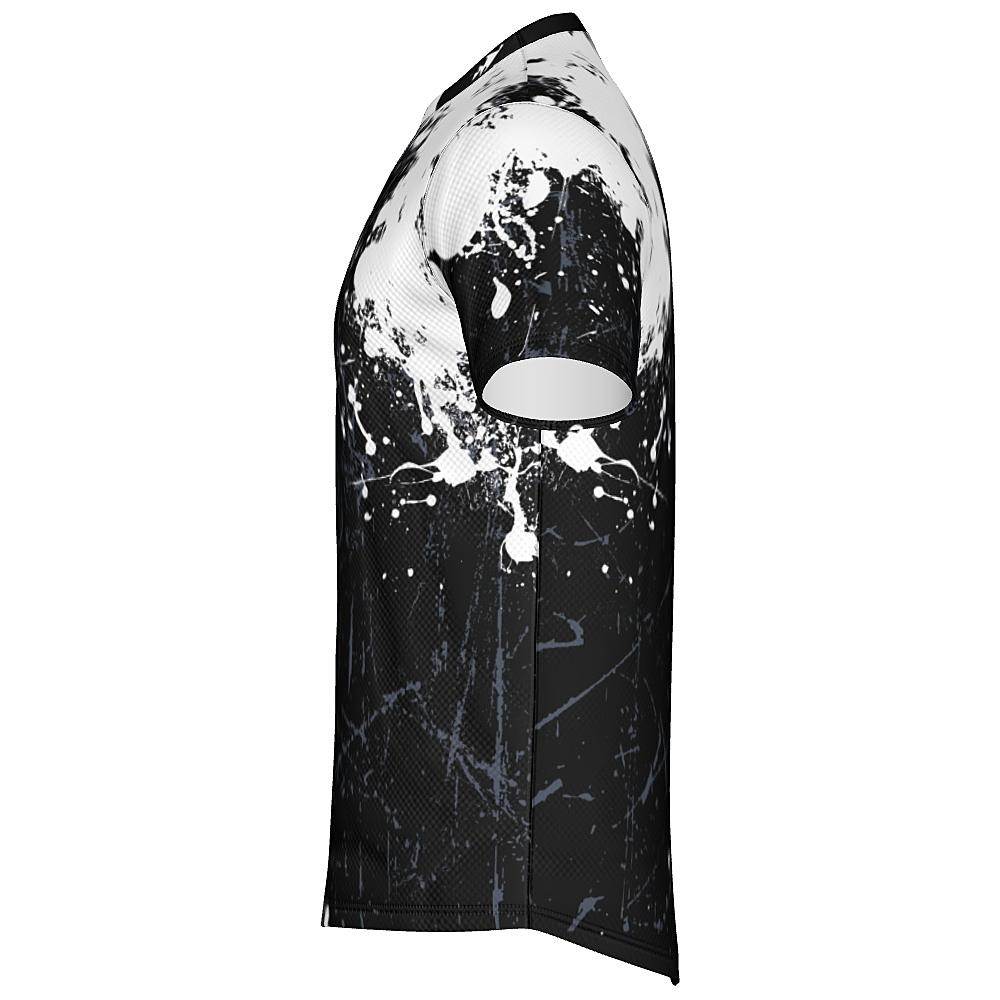 Black shirt with white and grey distressed design on a white background