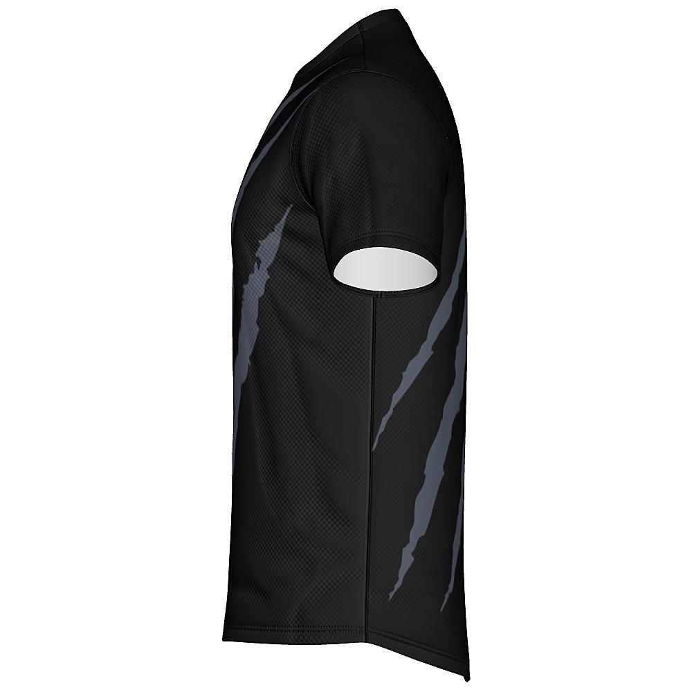 Black shirt with grey claw-mark design on a white background