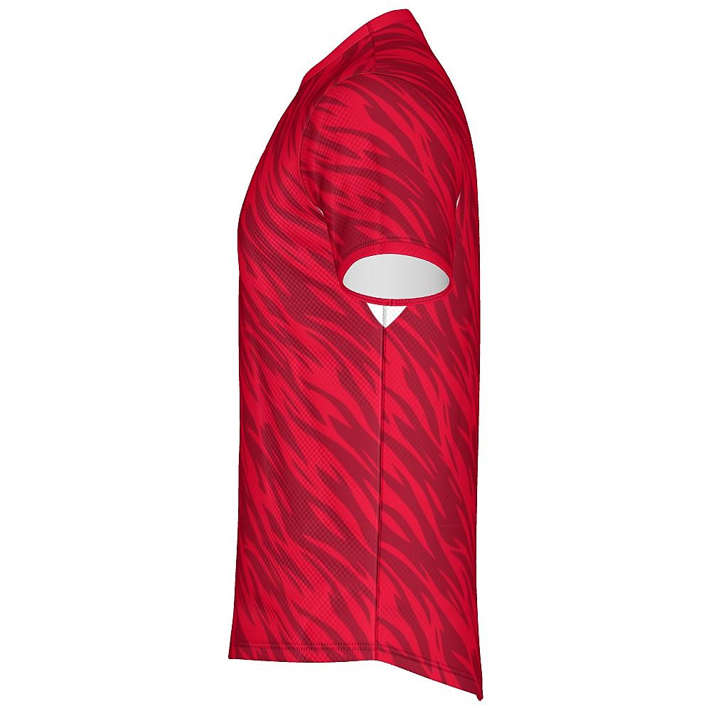 Red shirt with wavy design and white accents on a white background
