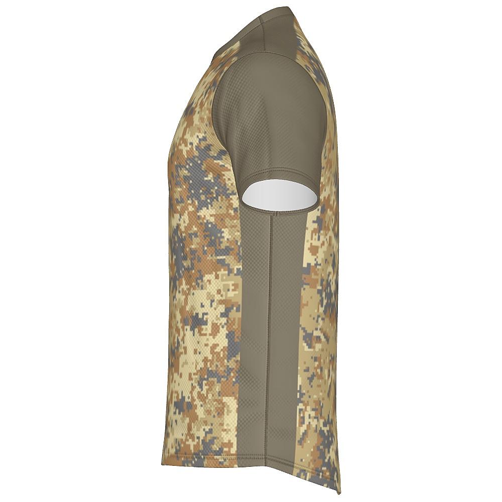 Earth-tone shirt with digital camo design on a white background