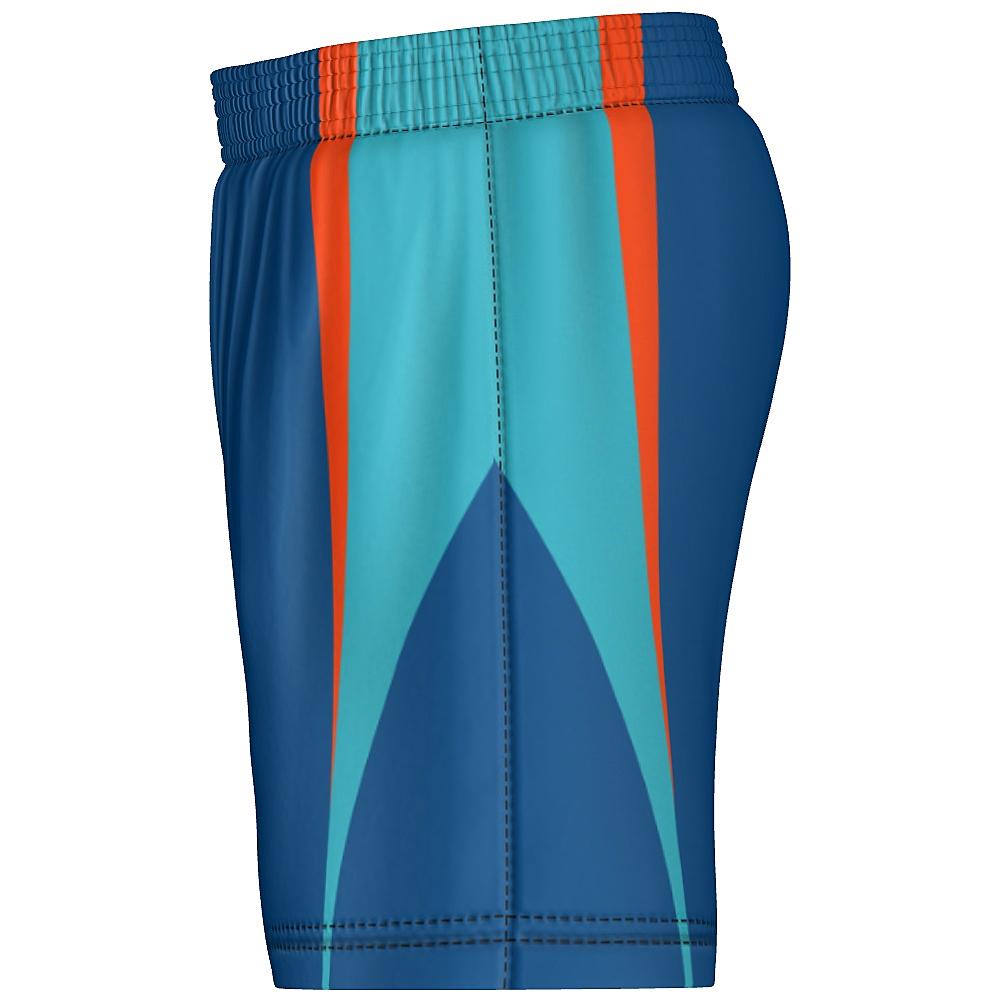 Blue shorts with teal and orange accents on a white background