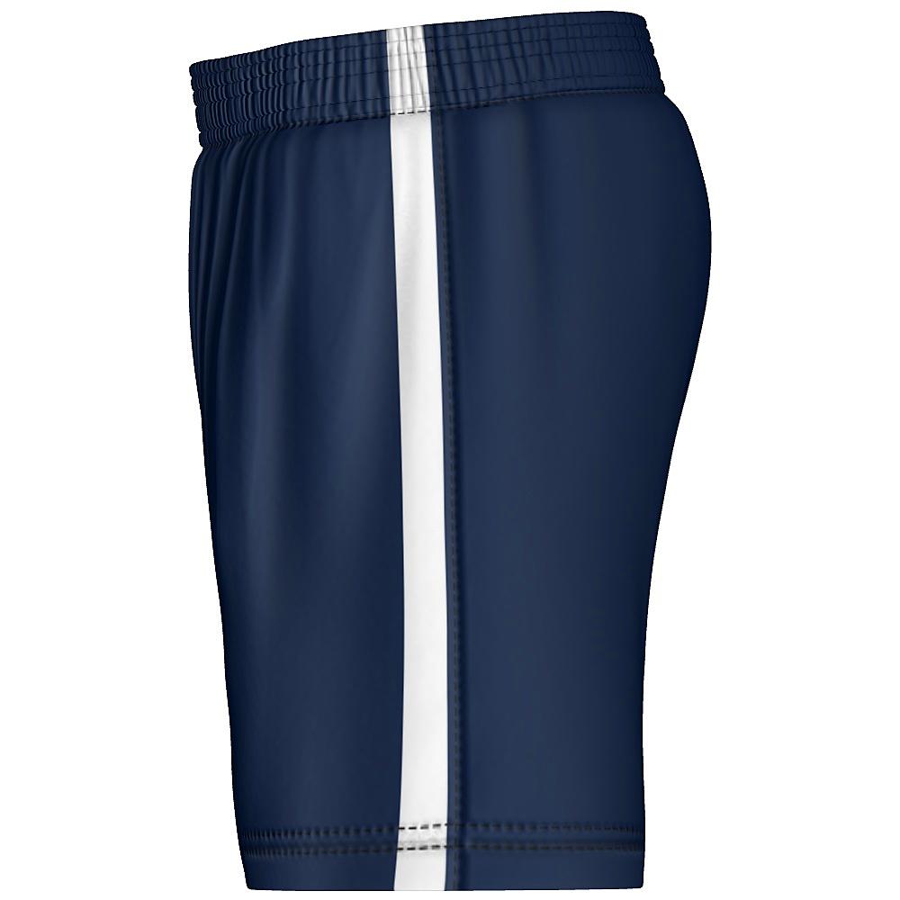Navy shorts with white side stripe on a white background