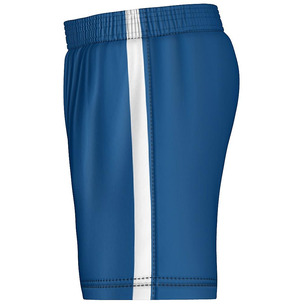Blue shorts with white side stripe on a white background