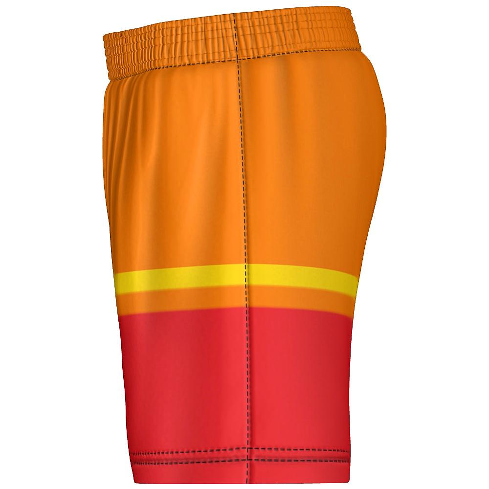 Orange, yellow and red striped shorts on a white background