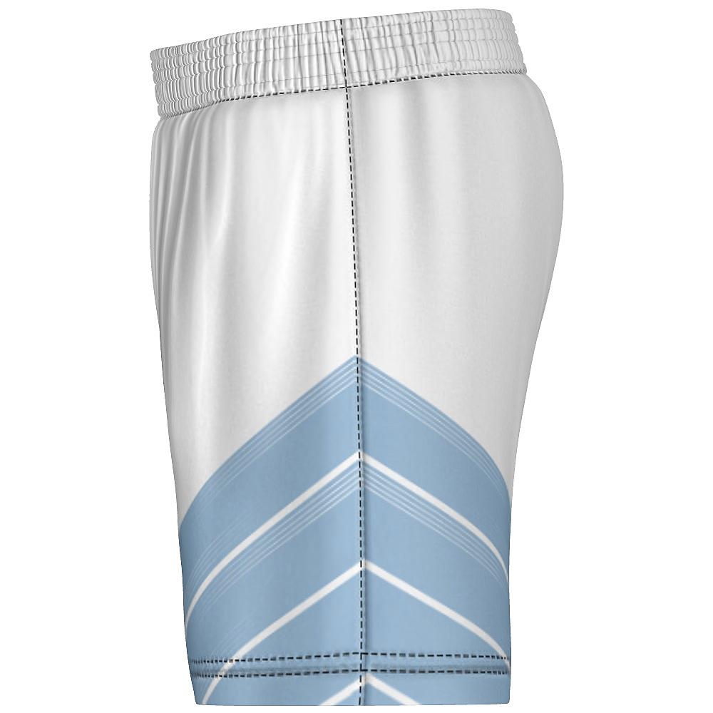 Blue and white shorts with chevron design on a white background