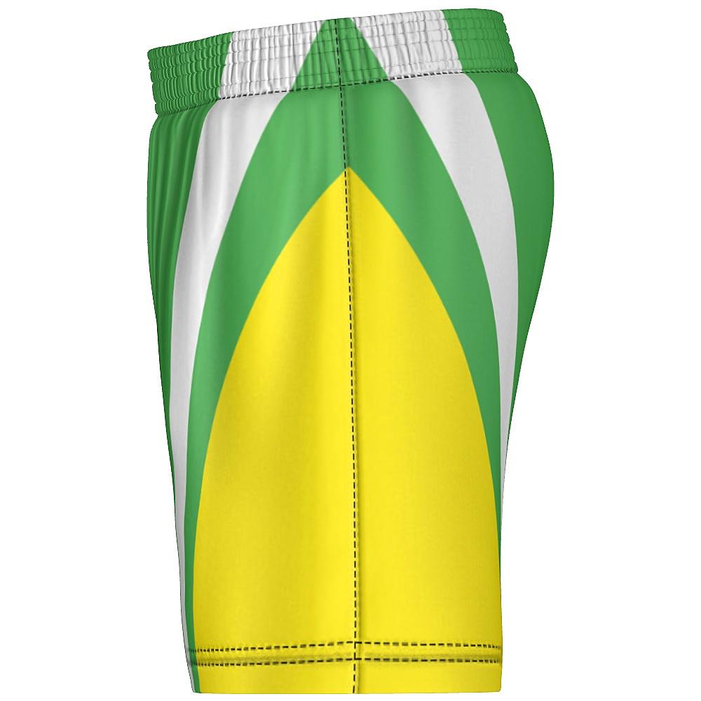 Green shorts with yellow and white accents on a white background