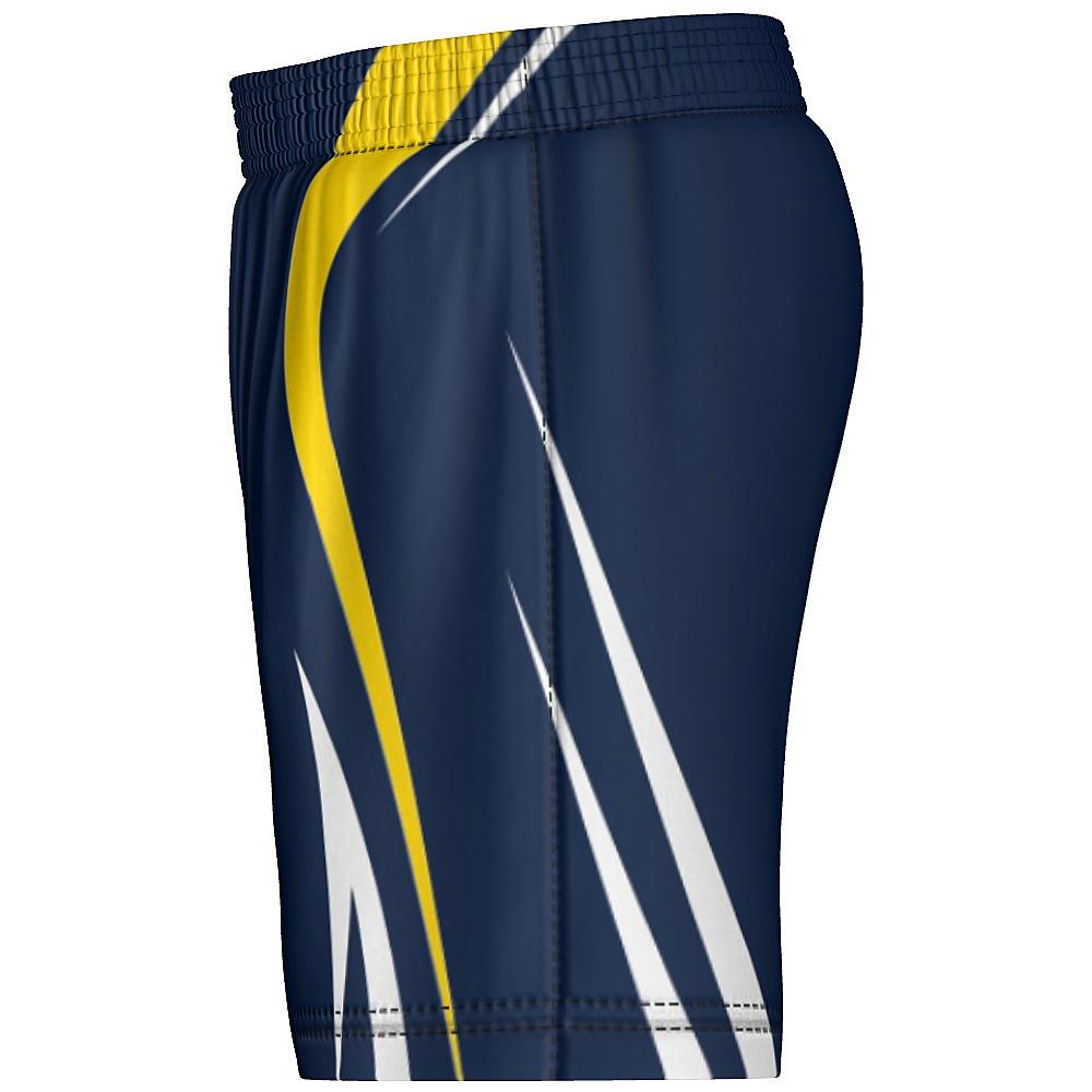 Navy shorts with white and yellow accents on a white background