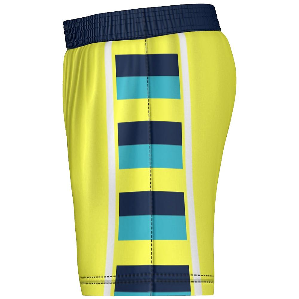 Yellow shorts with striped side panels on a white background
