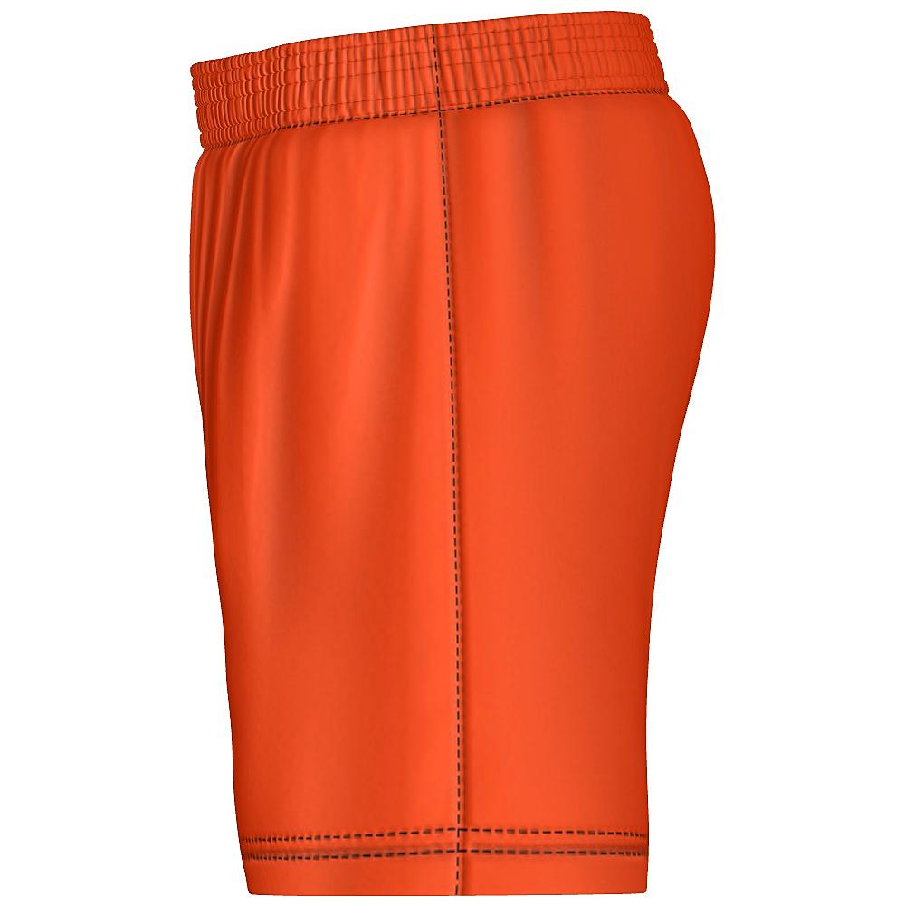 Orange shorts with white and black curved stripes on a white background