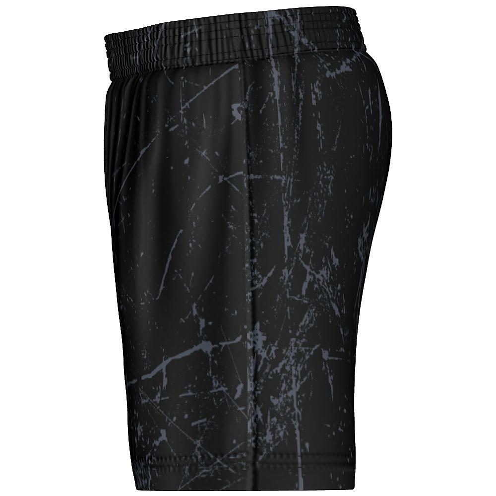 Black shorts with white and grey distressed design on a white background