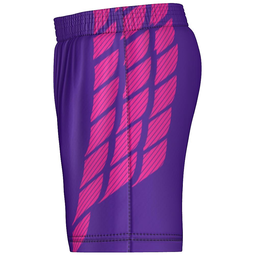 Pink and purple shorts with striped design on a white background