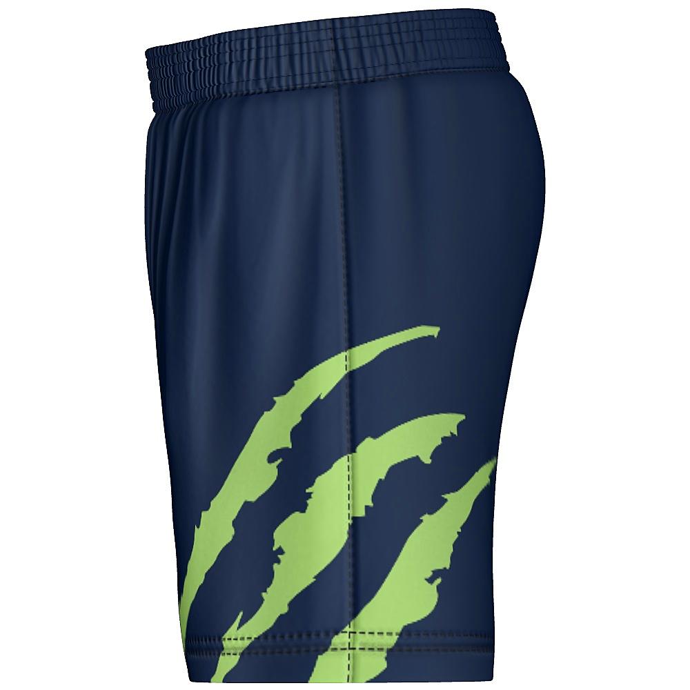 Navy shorts with green accents on a white background