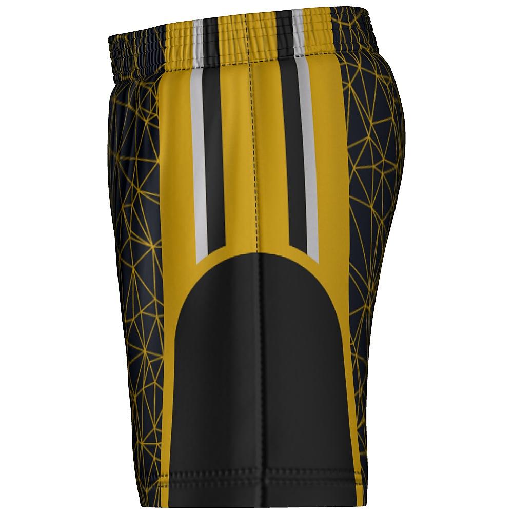 Black shorts with yellow geometric design and side panels on a white background