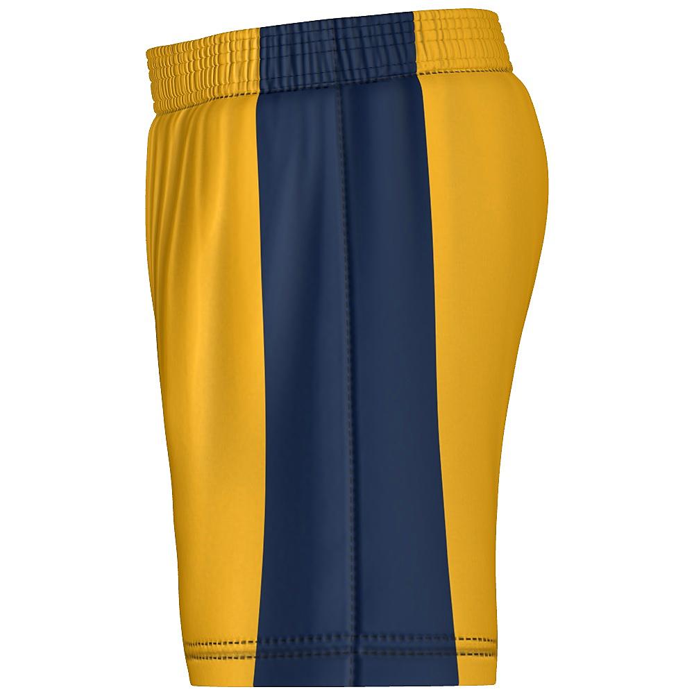 Gold shorts with navy side panels on a white background
