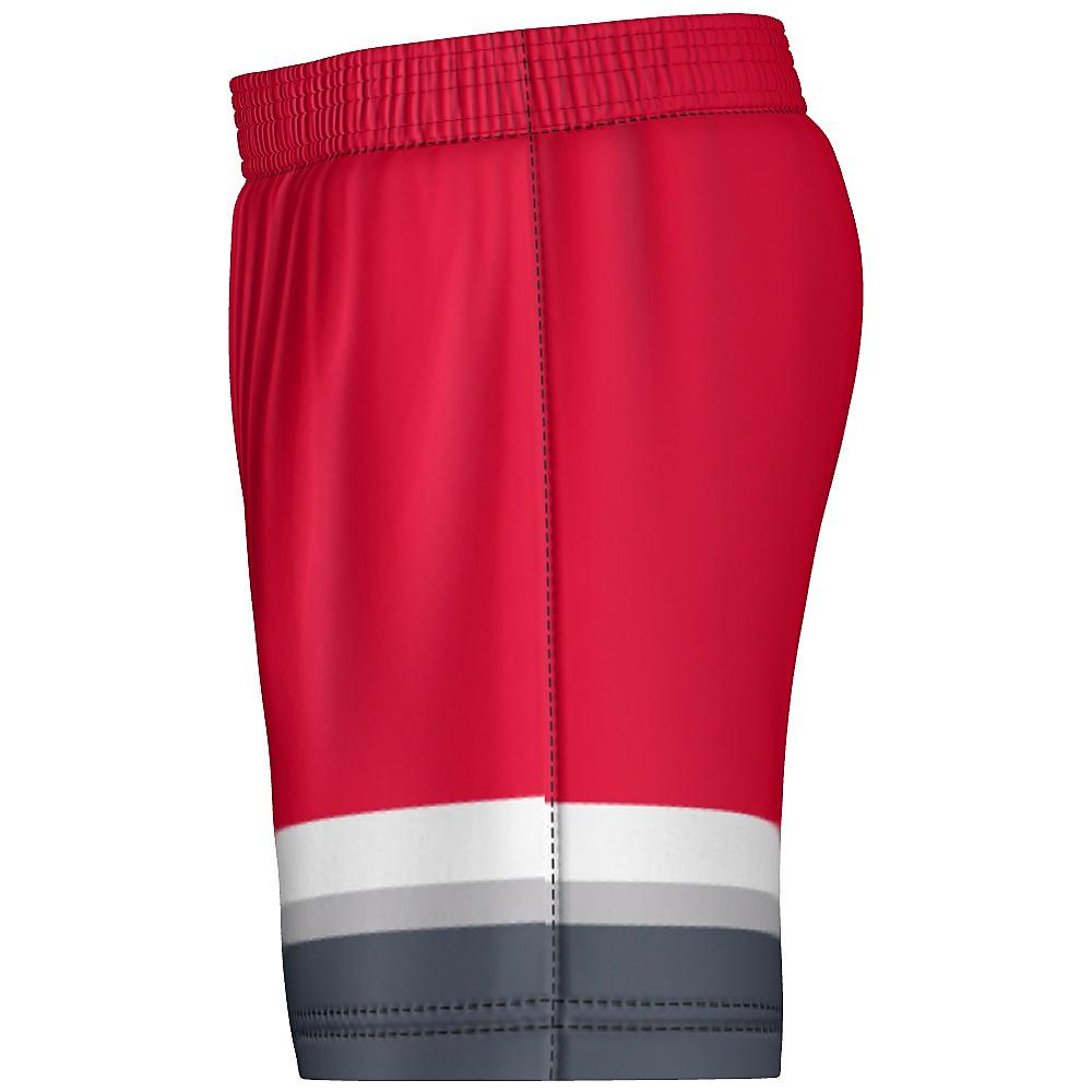 Red shorts with grey and white accents on a white background