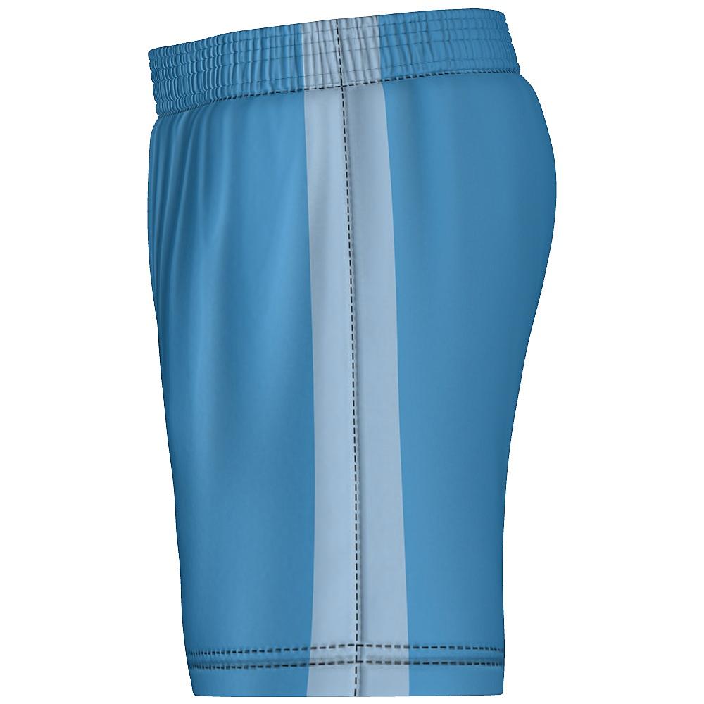 Blue shorts with contrasting blue side stripes on a white background