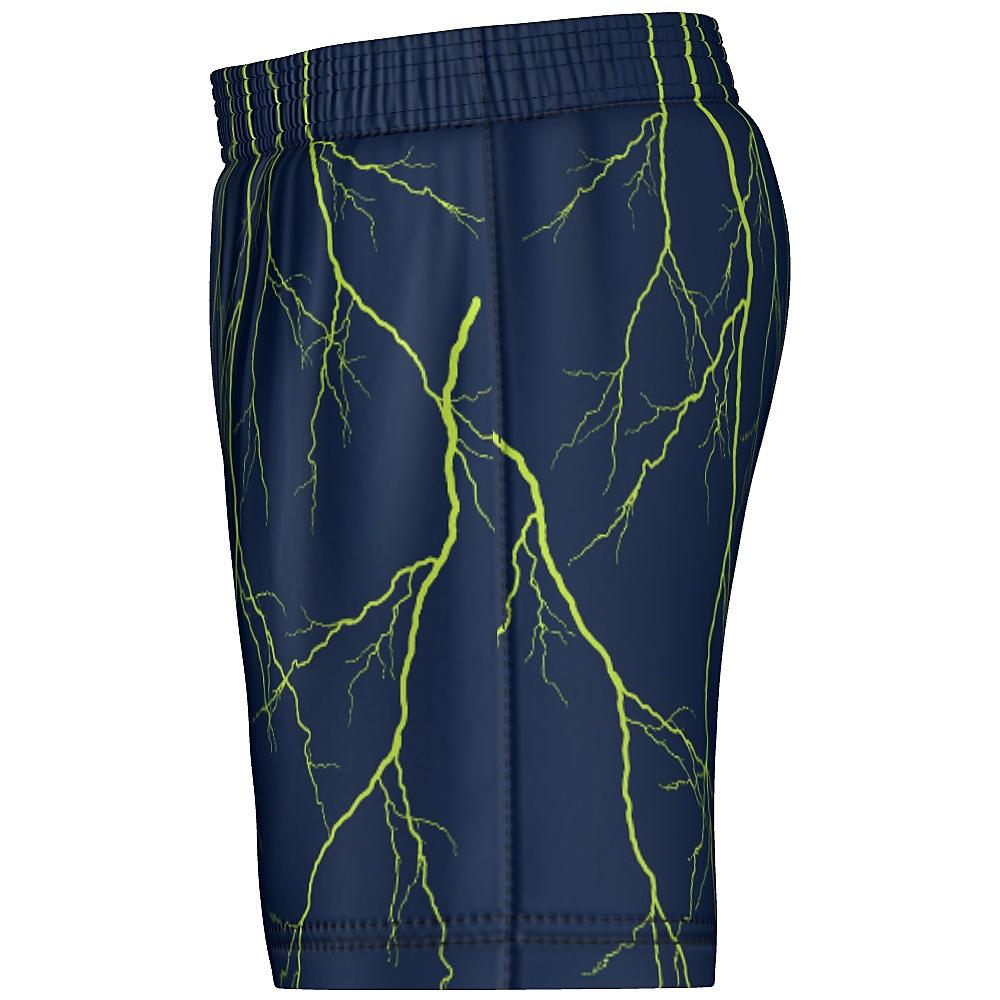 Navy shorts with yellow lightning design on a white background