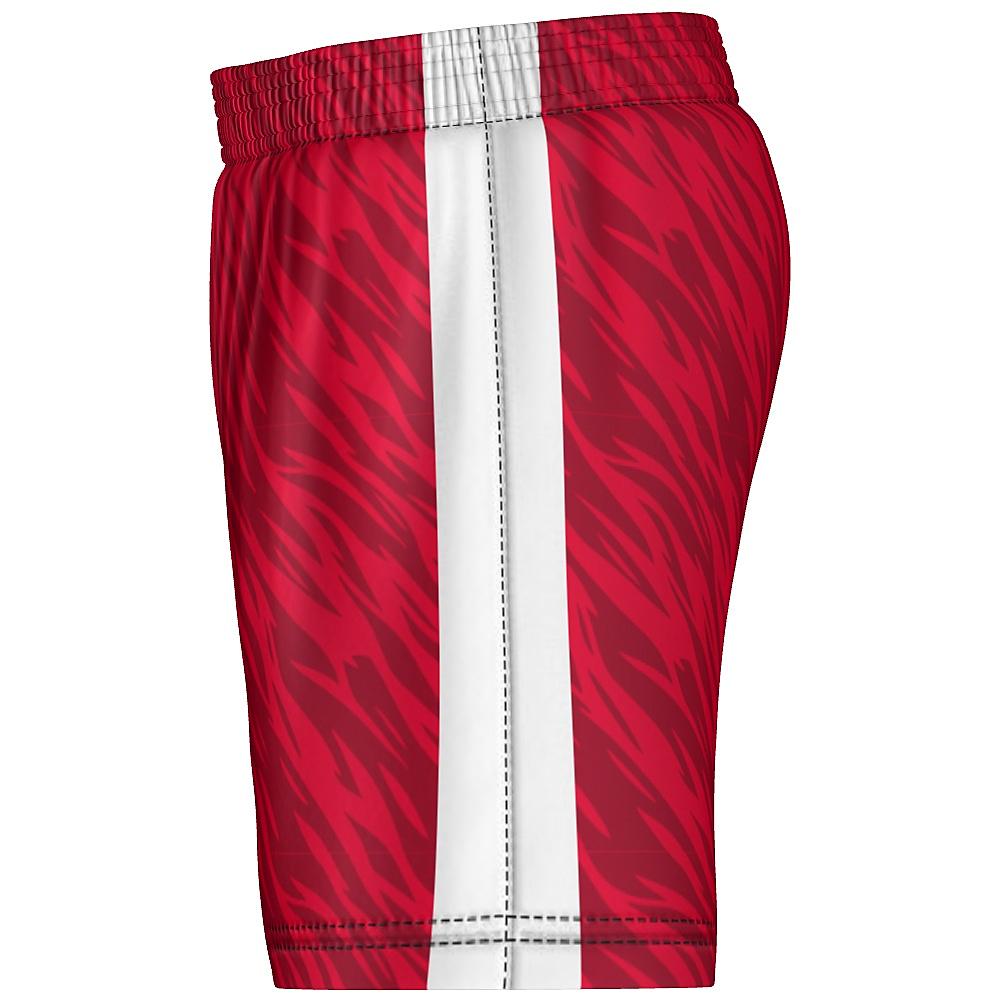 Red shorts with wavy design and white accents on a white background
