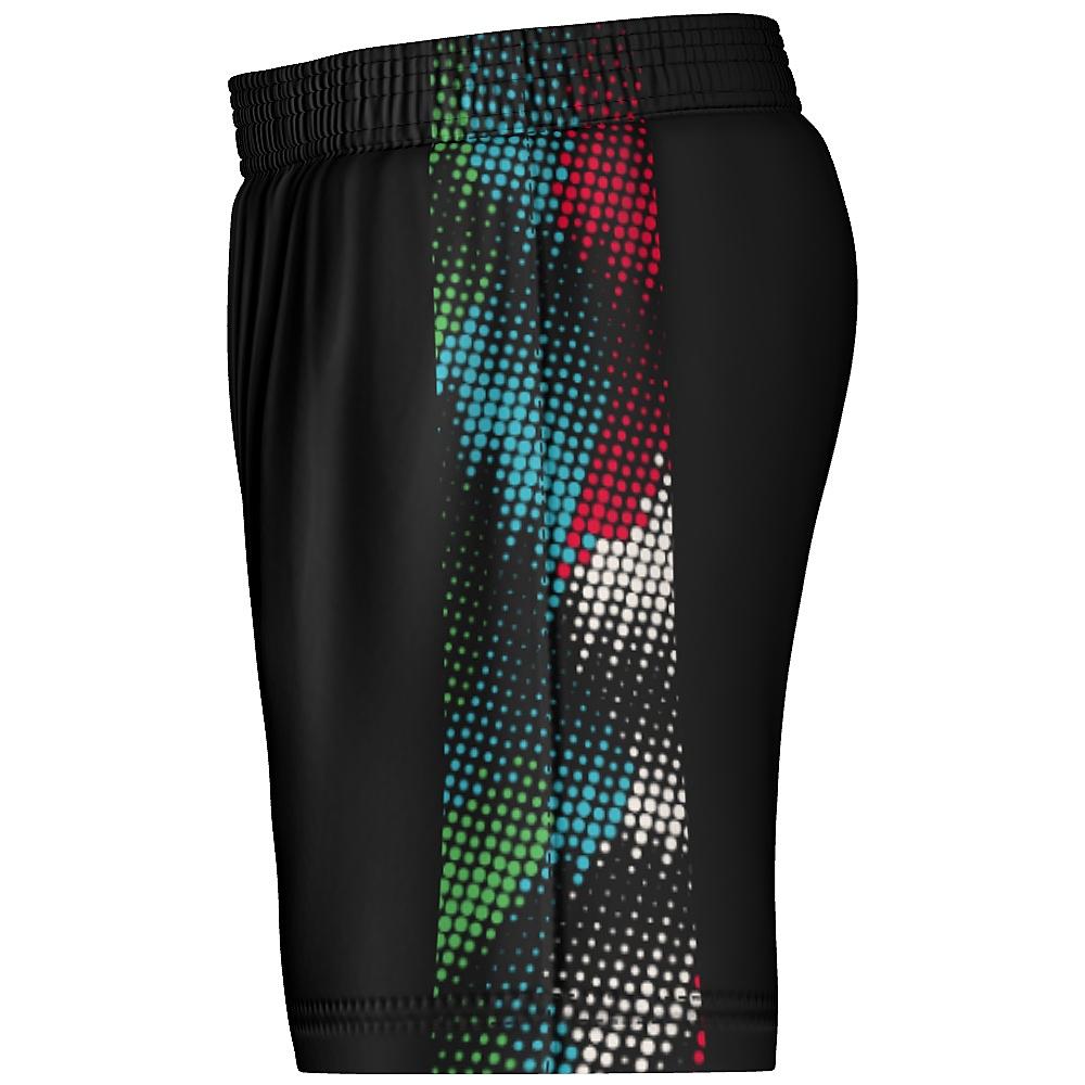 Black shorts with multicolored dot pattern on a white background