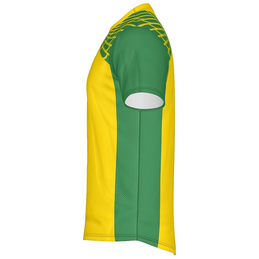Yellow and green shirt with feather design on upper chest and shoulders