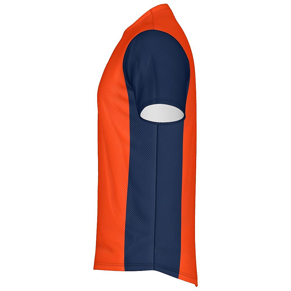 Orange shirt with navy sleeves and side panels on a white background