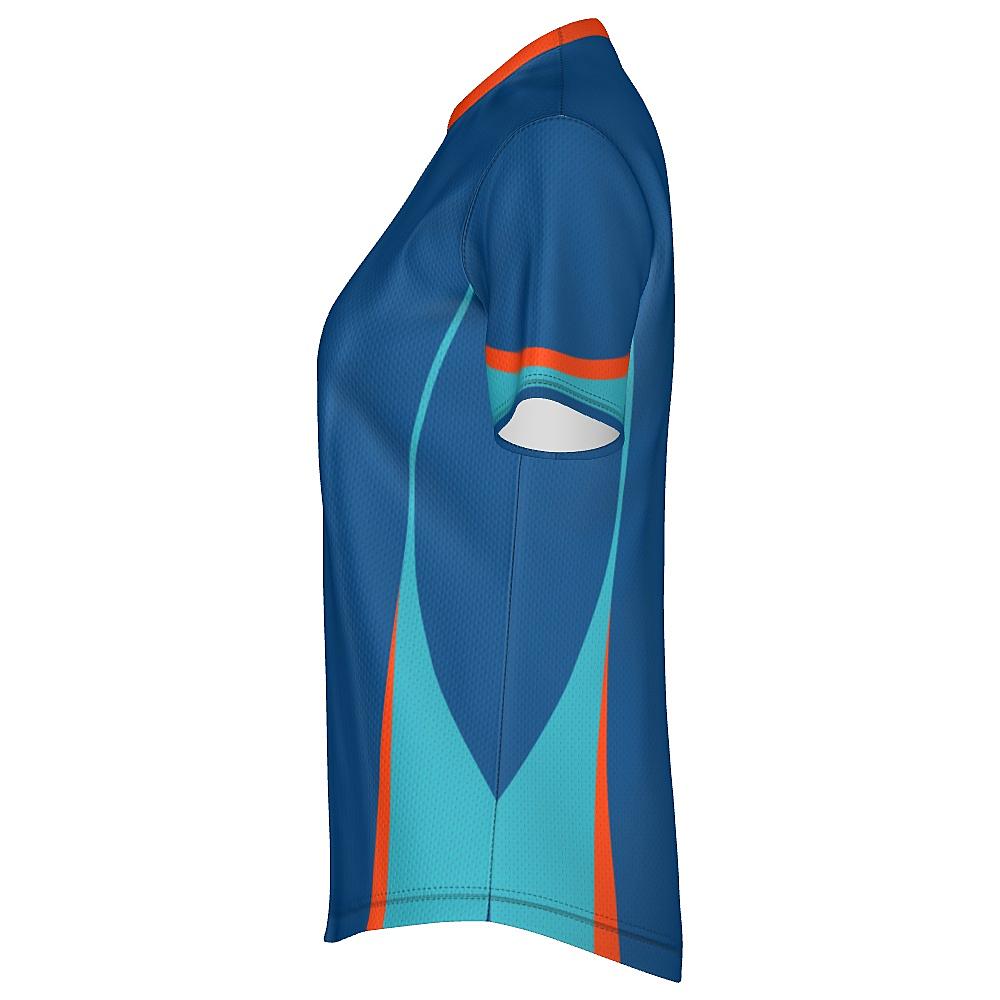 Blue shirt with teal and orange accents on a white background