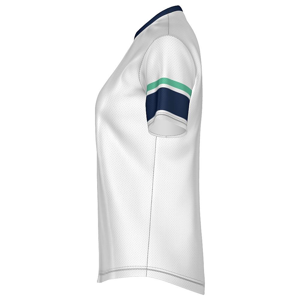 White shirt with navy and green accents on a white background