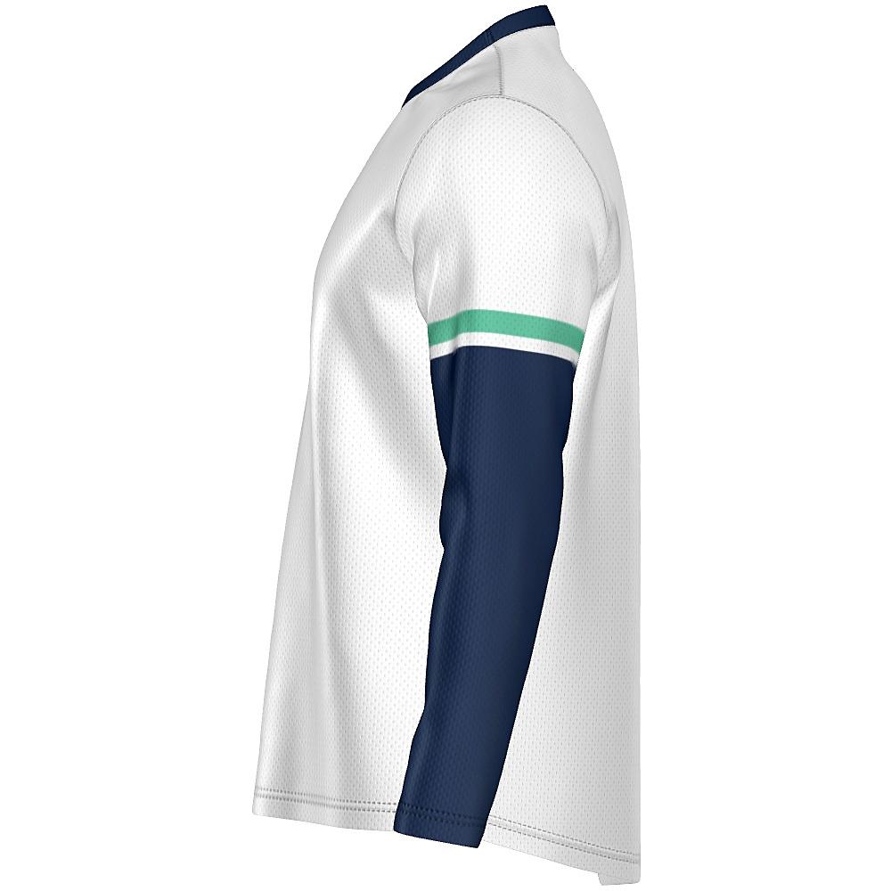 White long-sleeve shirt with navy and green accents on a white background