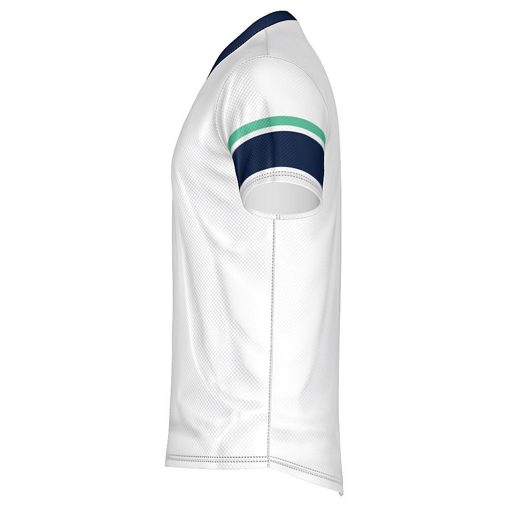White shirt with navy and green accents on a white background